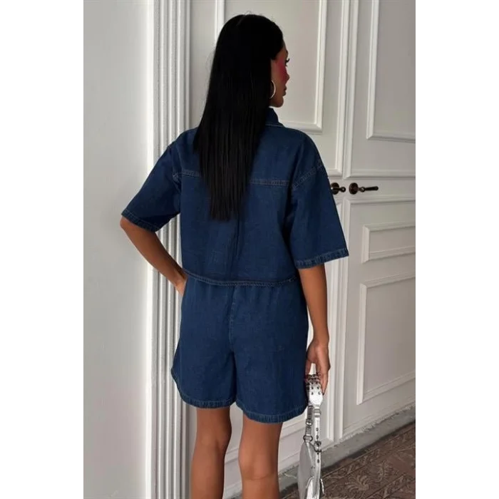 Taş Detaylı Gömlek Şort Denim Takım 10175
