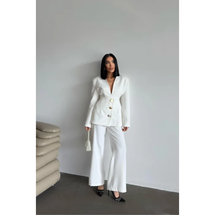 TASARIM CEKET-PANTOLON TAKIM METAL DÜĞME DETAYLI - Beyaz