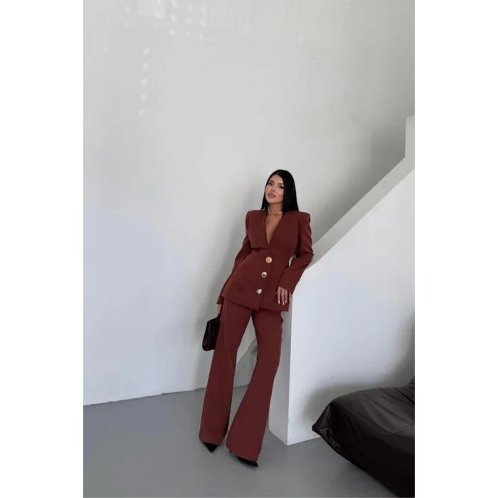 TASARIM CEKET-PANTOLON TAKIM METAL DÜĞME DETAYLI - Kahverengi