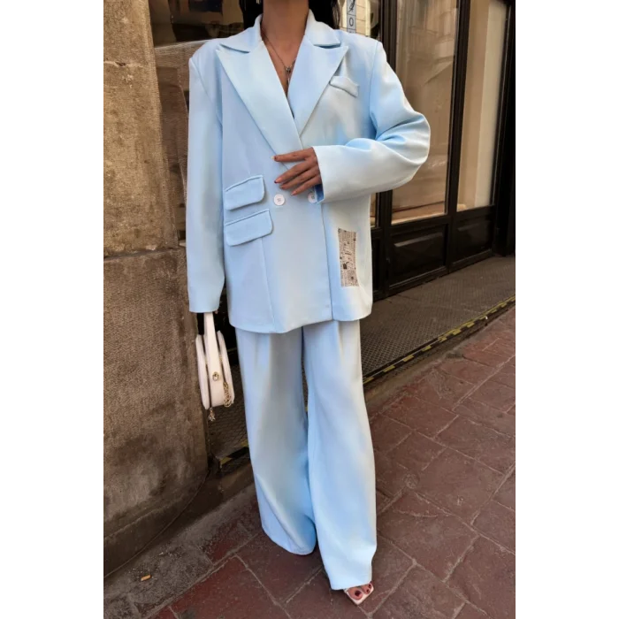 TASARIM ETİKET DETAYLI CEKET - PANTOLON TAKIM - Bebe Mavi