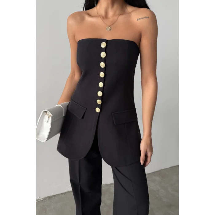 TASARIM GOLD DÜĞMELİ STRABLEZYELEK - Siyah