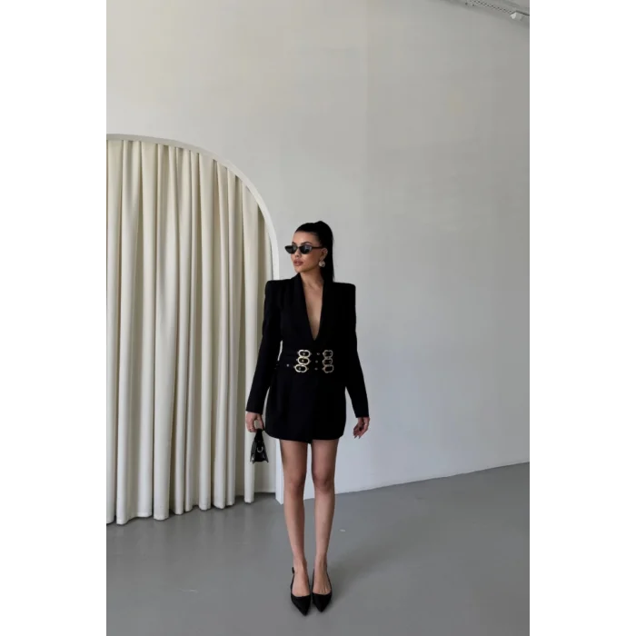 TEK DÜĞME CEKET 3 TOKALI KEMER SÜSLÜ - Siyah