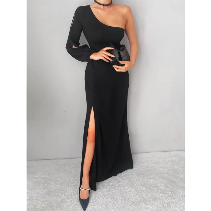 Tek Omuz Açık Derin Yırtmaçlı Krep Tam Boy Elbise