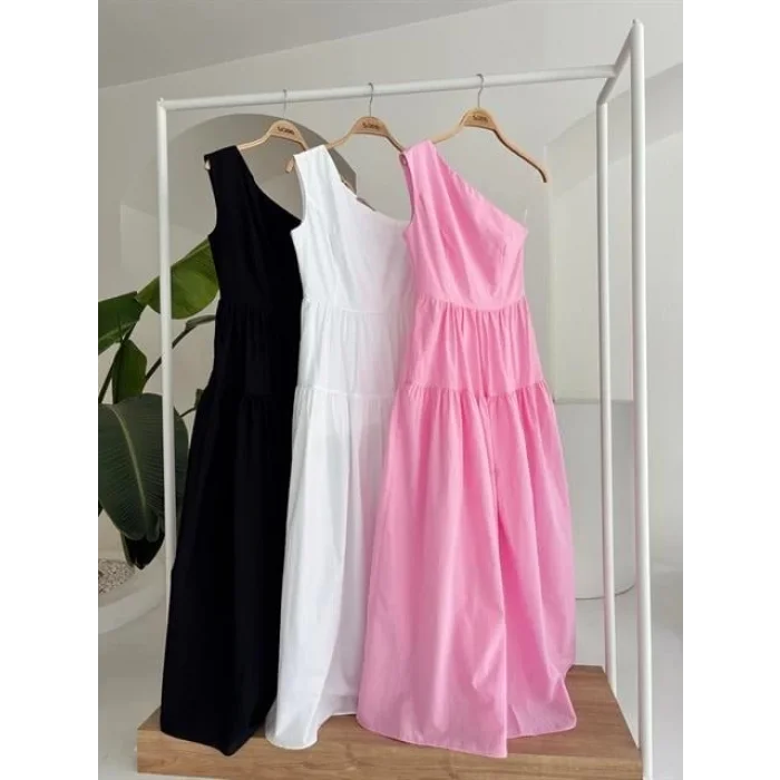 Tek Omuzlu Pile Detay Maxi Elbise 2895