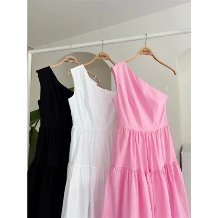 Tek Omuzlu Pile Detay Maxi Elbise 2895