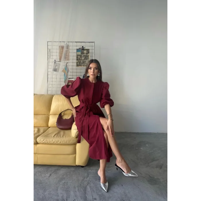 TENCEL KARPUZ KOL ELBİSE - Bordo