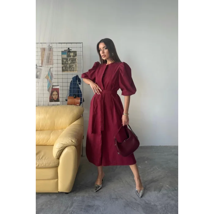 TENCEL KARPUZ KOL ELBİSE - Bordo