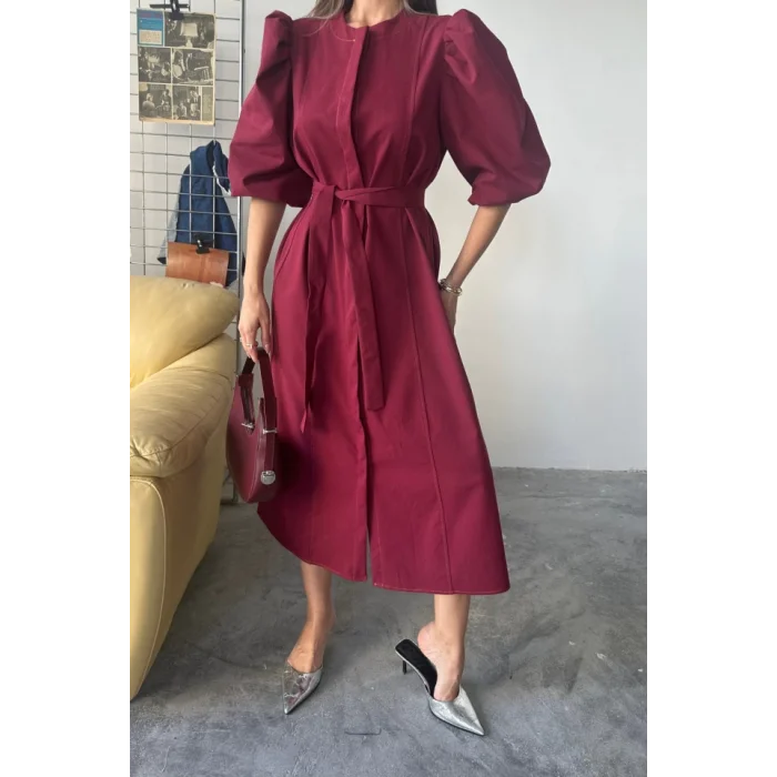 TENCEL KARPUZ KOL ELBİSE - Bordo