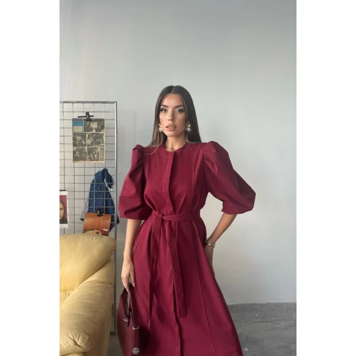 TENCEL KARPUZ KOL ELBİSE - Bordo