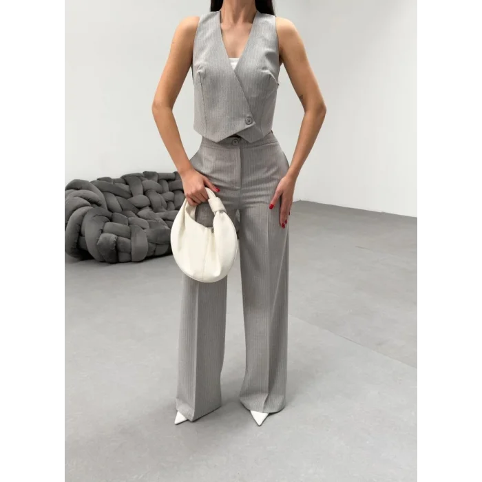 Toskana Çi̇zgi̇li̇ Kruvaze Yaka Tek Düğmeli̇ Yelek Pantolon Takim