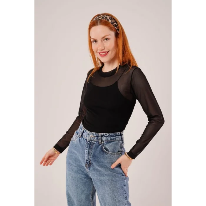 Transparan Siyah Tül Basic Bluz