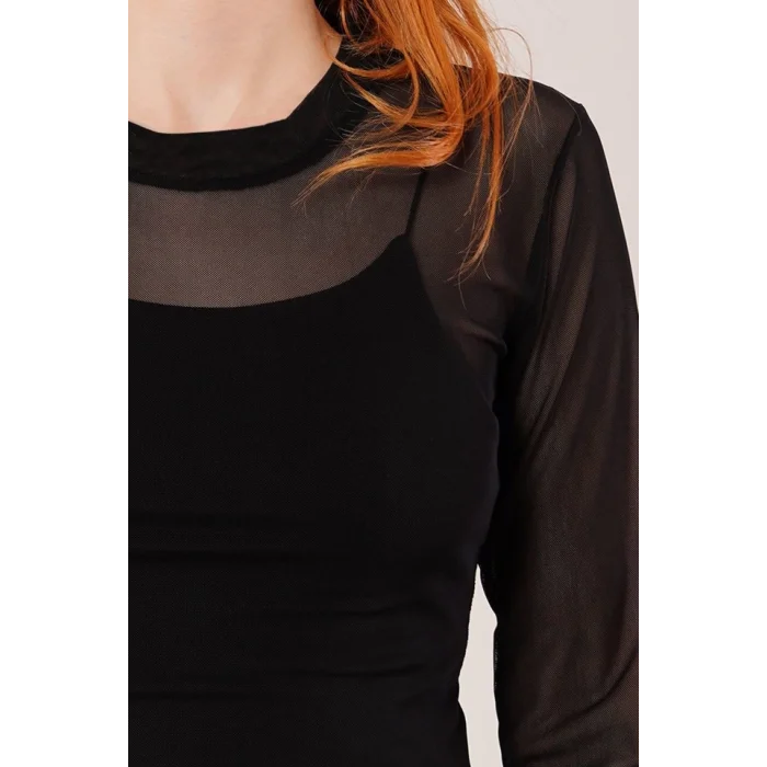 Transparan Siyah Tül Basic Bluz