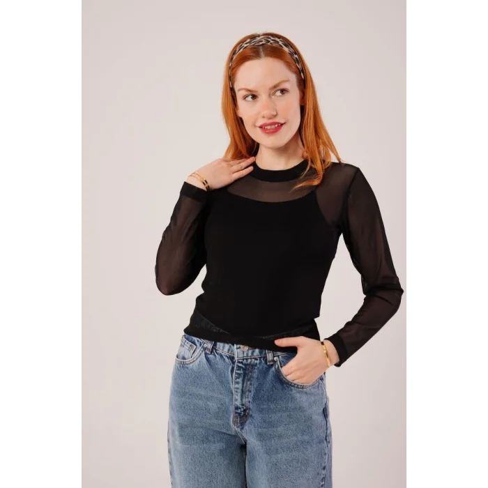 Transparan Siyah Tül Basic Bluz