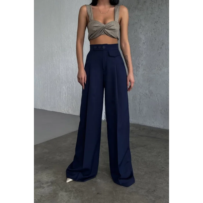 Üç Düğme Detayli Palazzo Pantolon