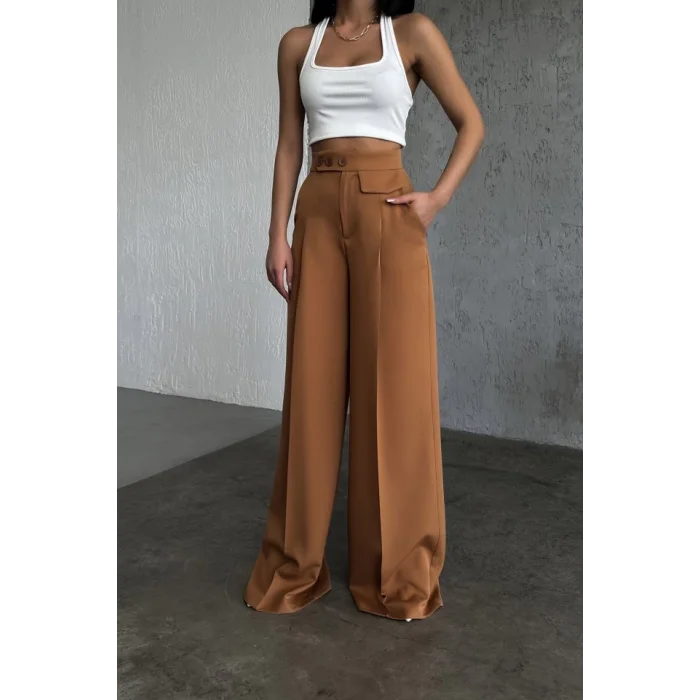 Üç Düğme Detayli Palazzo Pantolon