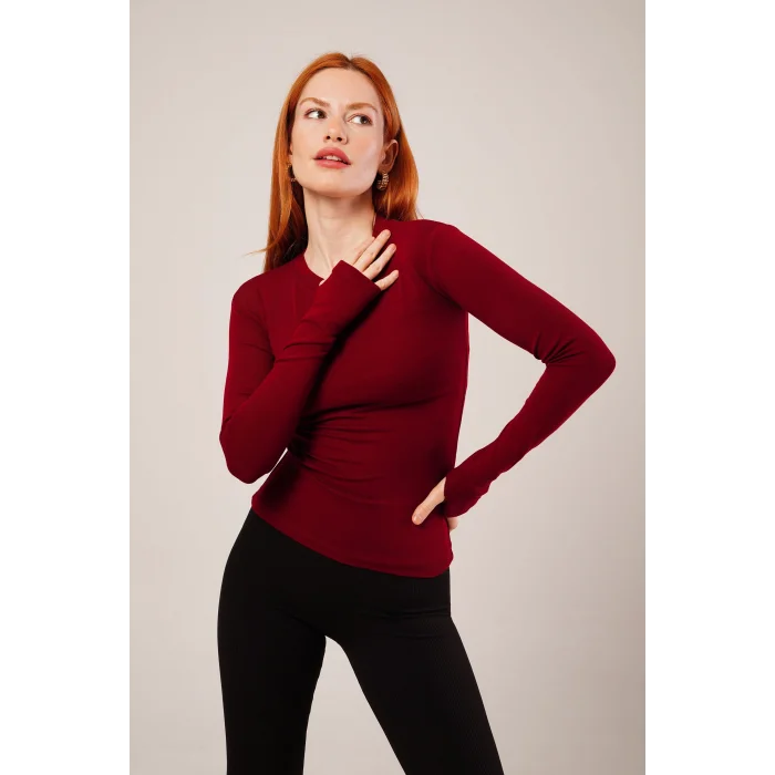 Uzun Kollu Basic Bordo Bluz