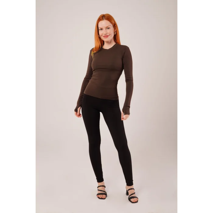 Uzun Kollu Basic Kahverengi Bluz