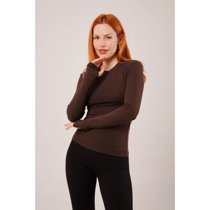 Uzun Kollu Basic Kahverengi Bluz