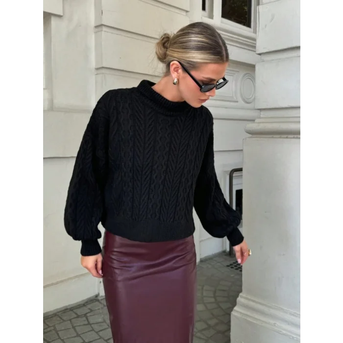 Uzun Kollu Yarı Balıkçı Yaka Triko Bluz