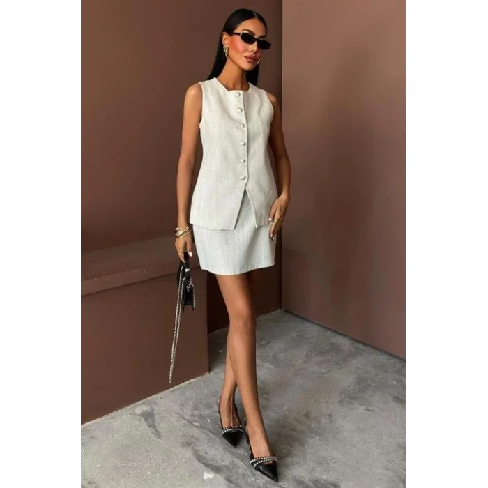 Uzun Yelek Mini Etek Flamlı Keten Takım 10148