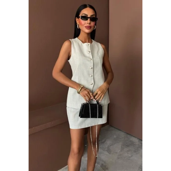 Uzun Yelek Mini Etek Flamlı Keten Takım 10148