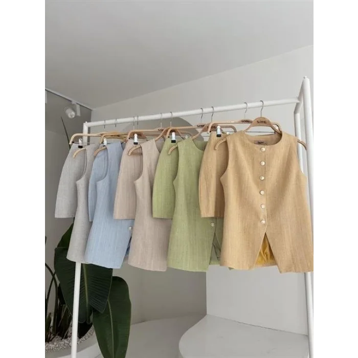 Uzun Yelek Mini Etek Flamlı Keten Takım 10148