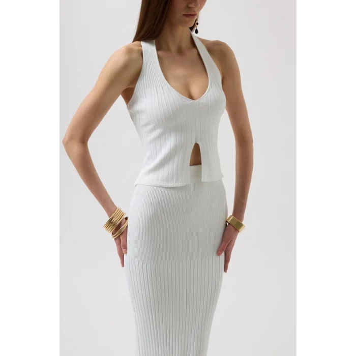 V Detay Dokulu Crop Bluz