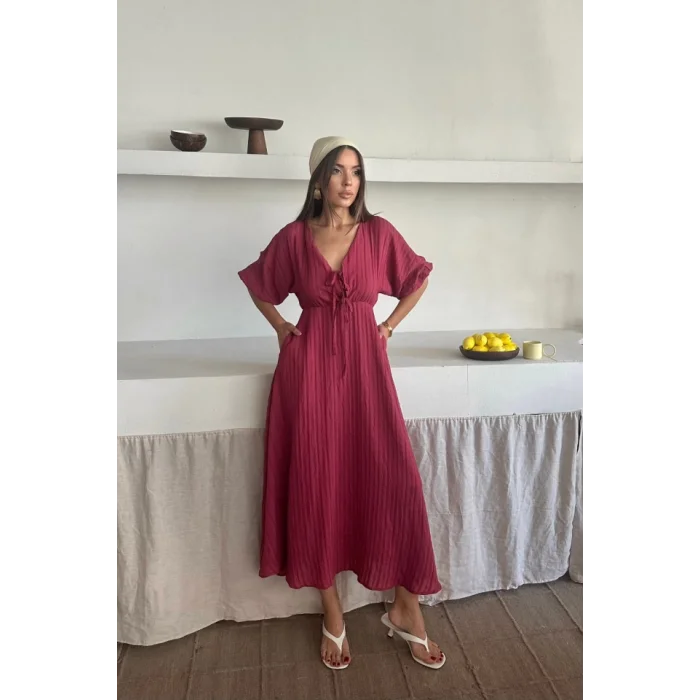 V YAKA DÖKÜMLÜ ELBİSE - Pembe