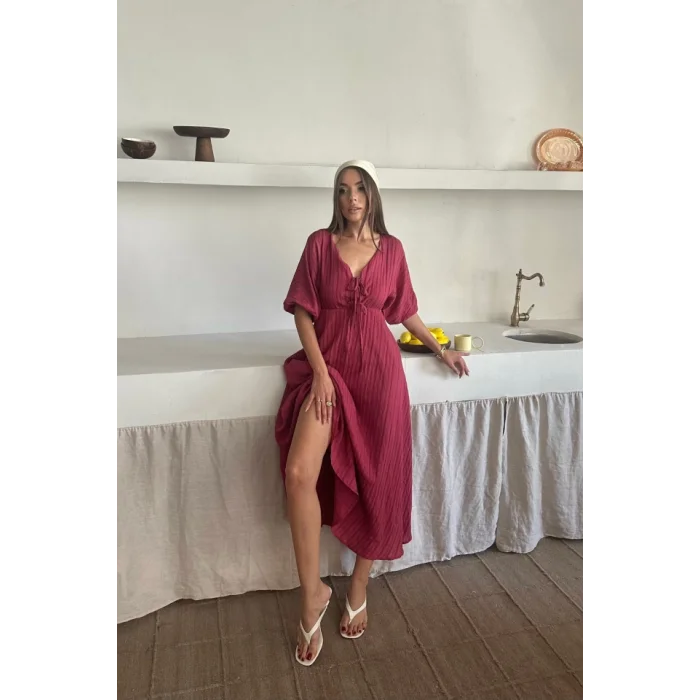 V YAKA DÖKÜMLÜ ELBİSE - Pembe