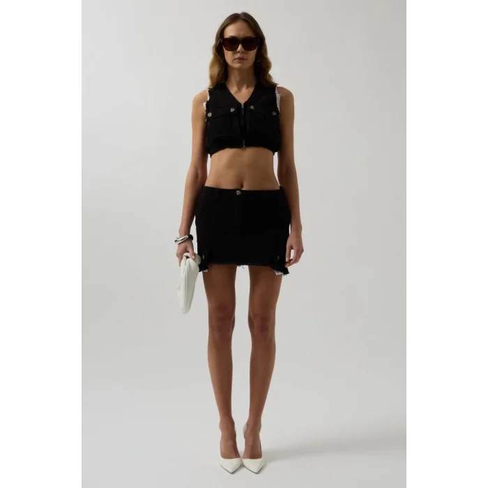 V Yaka Düğmeli Crop Yelek