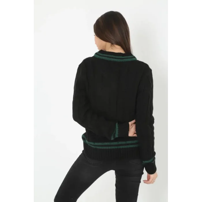 V Yaka Örgülü Kazak - Siyah