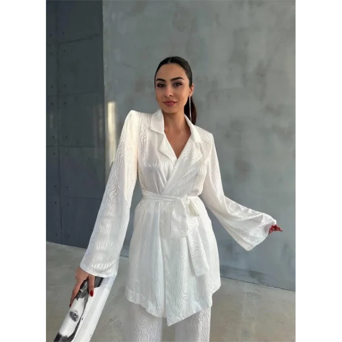 VİSKON JAKARLI BAĞLAMALI GÖMLEK - PANTOLON TAKIM - Beyaz