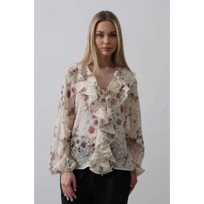 Volanlı Çiçek Desen Şifon Gömlek - Krem