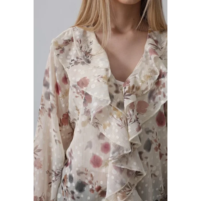 Volanlı Çiçek Desen Şifon Gömlek - Krem
