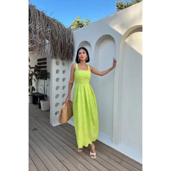 Yağ Yeşili Askılı Aparatlı Brode Elbise