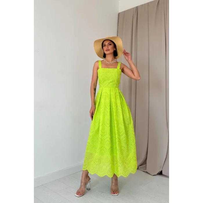 Yağ Yeşili Askılı Aparatlı Brode Elbise