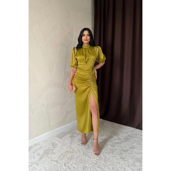 Yağ Yeşili Büzgülü Saten Elbise