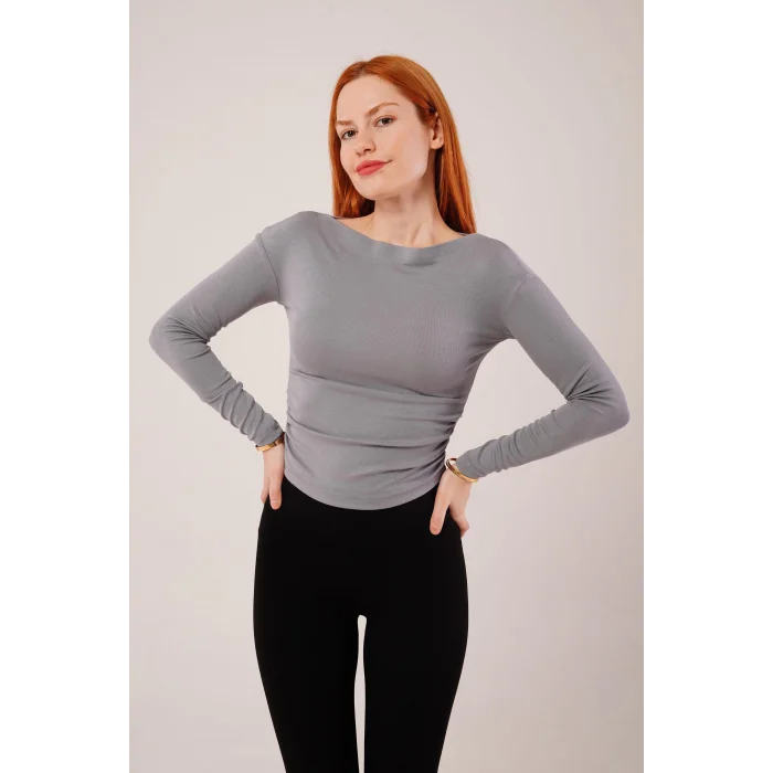 Yaka Detay Uzun Kollu Basic Gri Bluz