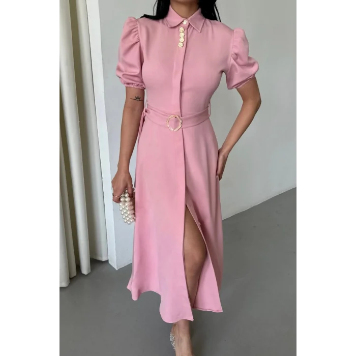 YAKA DÜĞME DETAYLI ELBİSE- Pembe