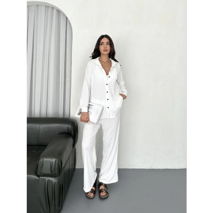 Yakalı Düğmeli Uzun Kollu Gömlek Pantolon Ikili Takım - Beyaz