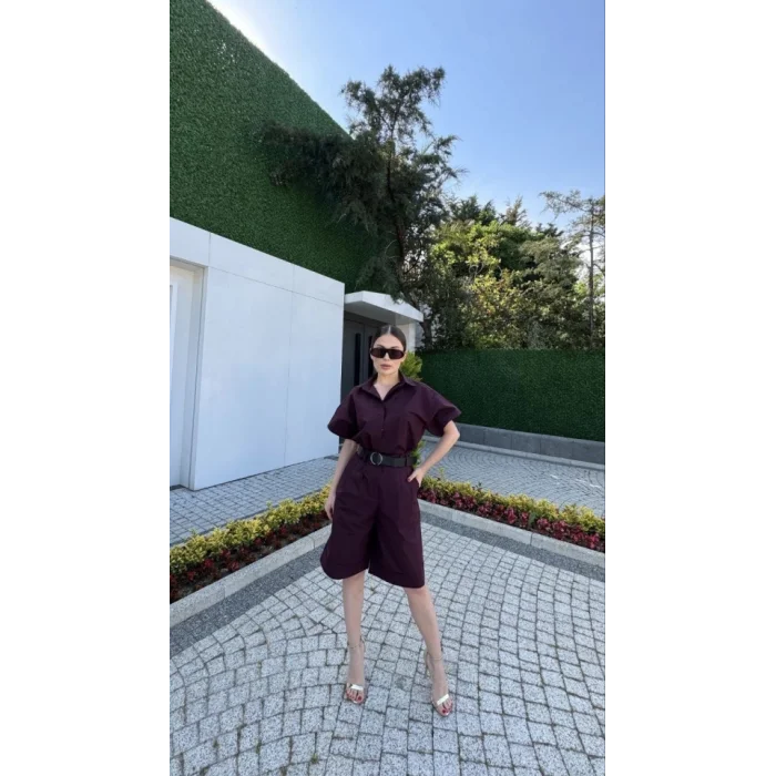 Yakalı Gömlek Kemerli Şortlu Takım - Bordo