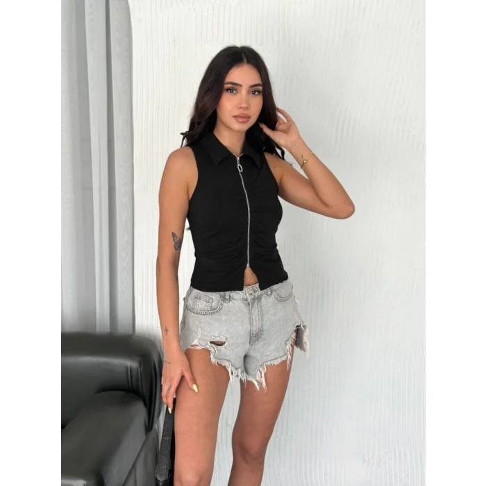 Yakalı Tam Fermuarlı Kolsuz Bluz - Siyah