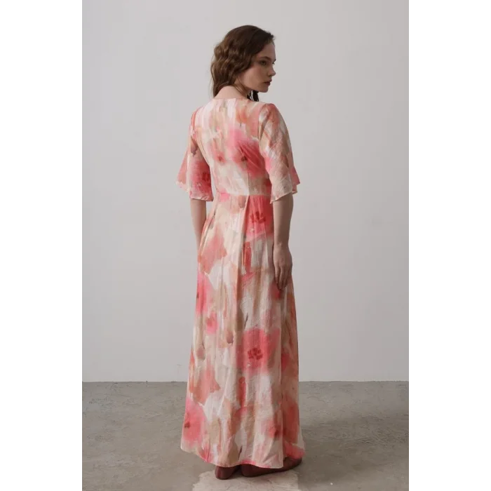 Yandan Bağlamalı Desenli Elbise - Pembe