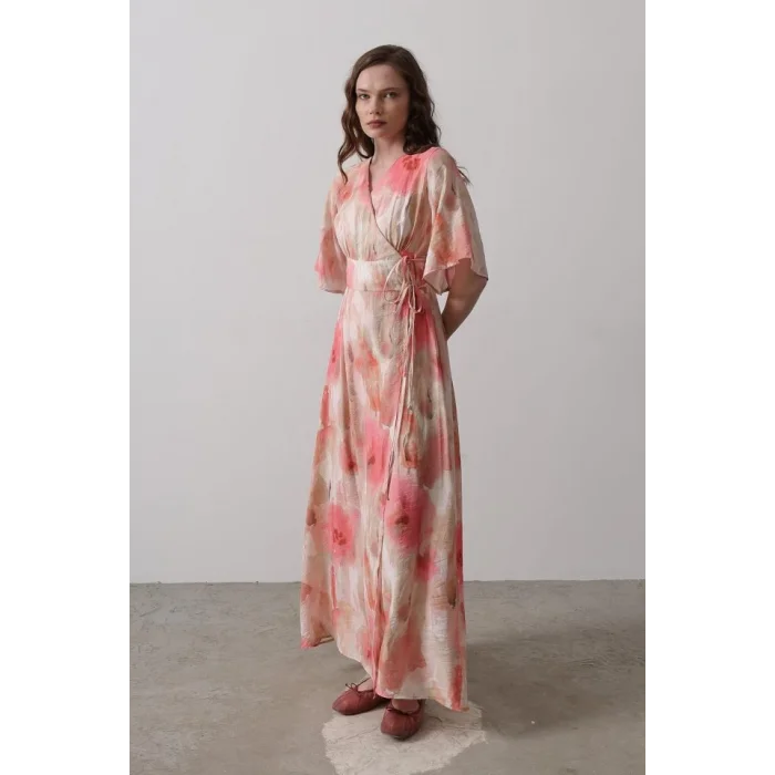 Yandan Bağlamalı Desenli Elbise - Pembe