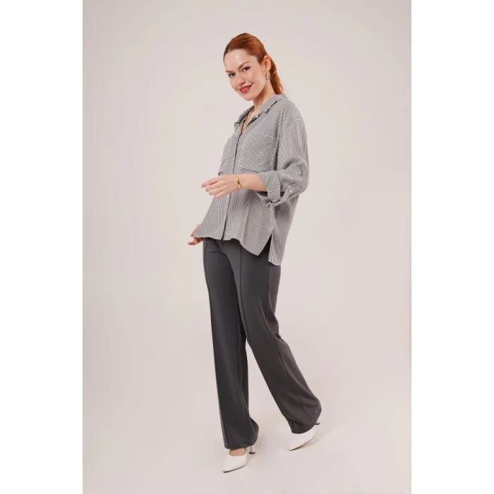 Yarasa Kol Çizgili Cep Detaylı Gri Gömlek