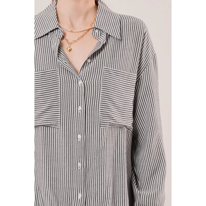 Yarasa Kol Çizgili Cep Detaylı Gri Gömlek