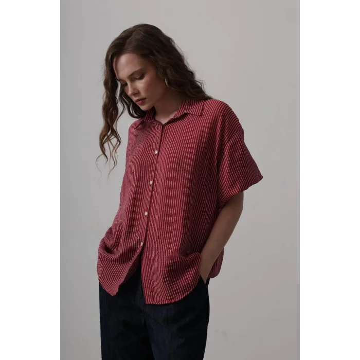 Yarım Balon Kol Çizgili Gömlek - Bordo