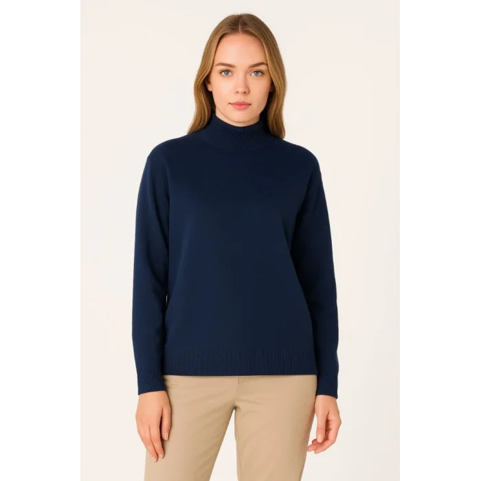 Yarım Boğaz Triko Kazak Yumuşak Dokulu Pamuklu Ince Dokuma, Uzun Kollu Rahat Regular Kalıp - Lacivert