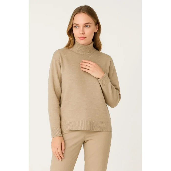 Yarım Boğaz Triko Kazak Yumuşak Dokulu Pamuklu Ince Dokuma, Uzun Kollu Rahat Regular Kalıp - Bej