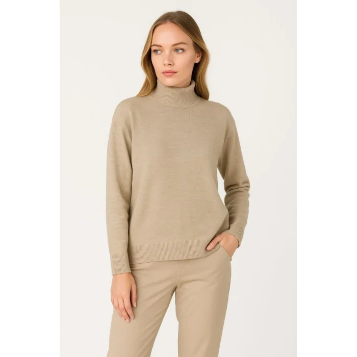 Yarım Boğaz Triko Kazak Yumuşak Dokulu Pamuklu Ince Dokuma, Uzun Kollu Rahat Regular Kalıp - Bej